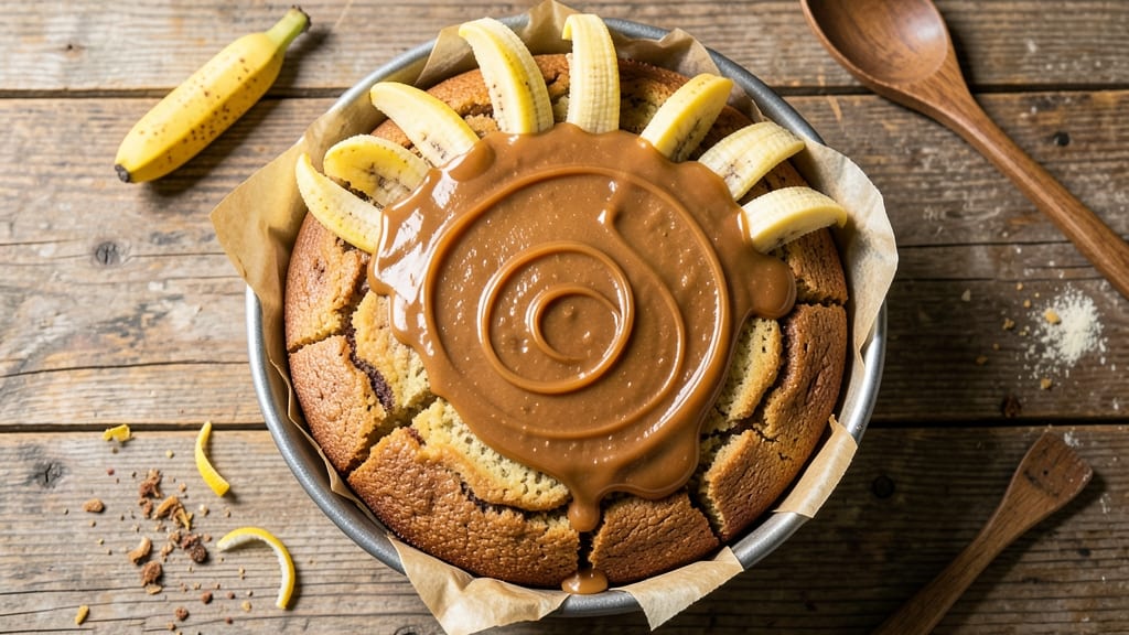 Banana Cake with Caramel Frosting Recipe: Warm Spice Streusel Hugs Gooey Caramel Swirls