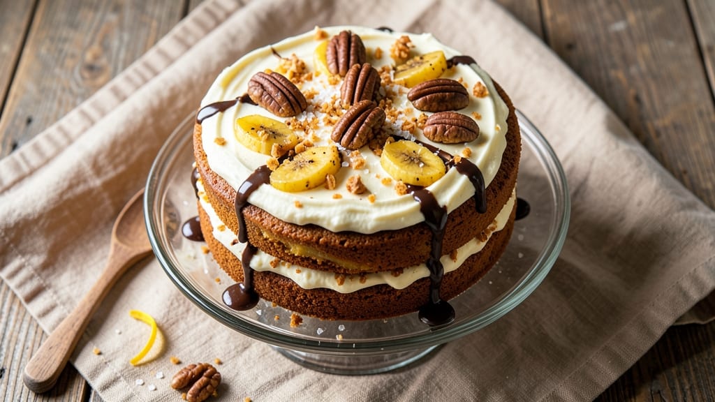 Banana Butter Cake Recipe: Swirled Cream Cheese Frosting and Nutty Crunch Topping