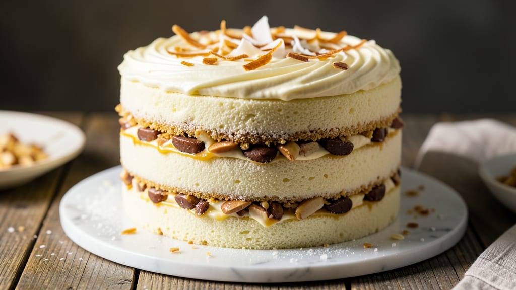 Almond Joy Layer Cake Recipe: Toasted Coconut-Caramel Swirl Magic