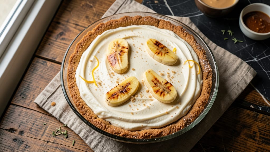 Banana Cheesecake Pie Recipe: Crunchy Streusel Crown Over Silky Filling